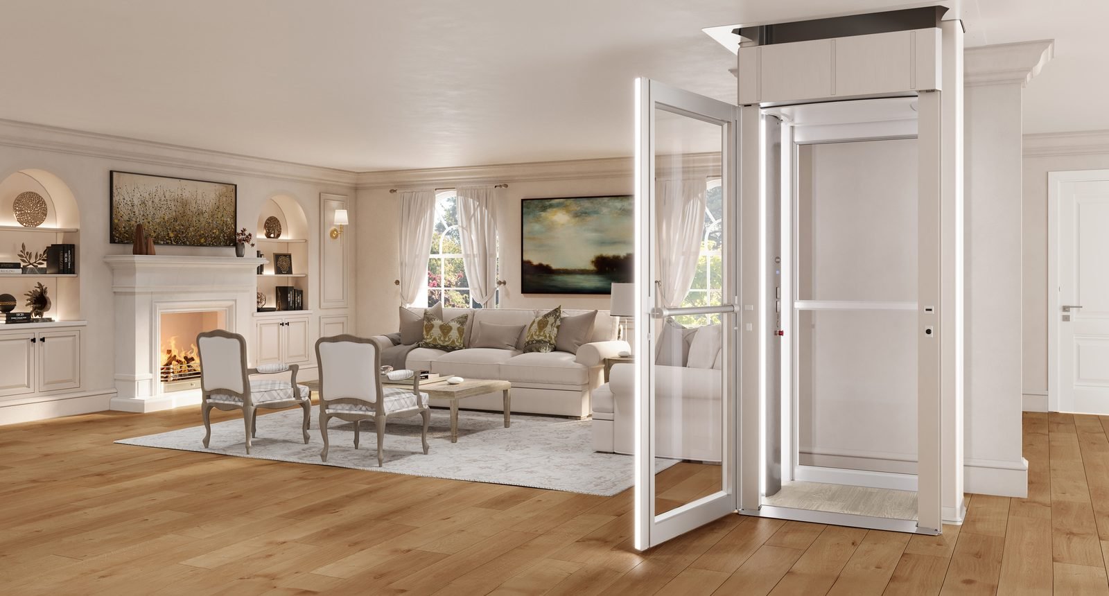 Savaria Luma through-floor home lift installed in a living room, connecting the ground and first floors